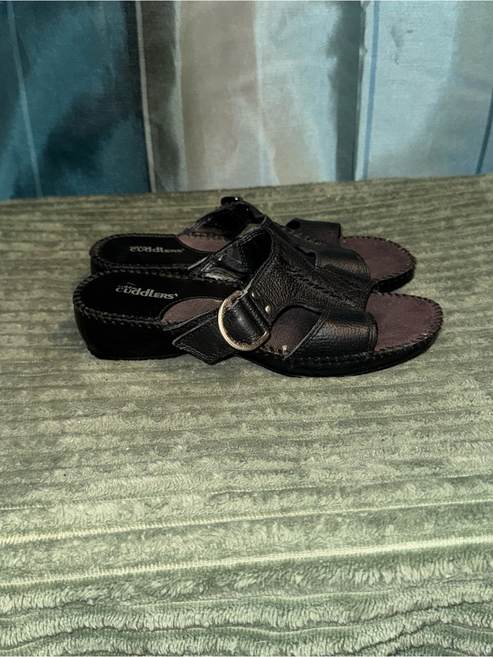 Cuddlers Black Leather Slide Sandals with Buckle